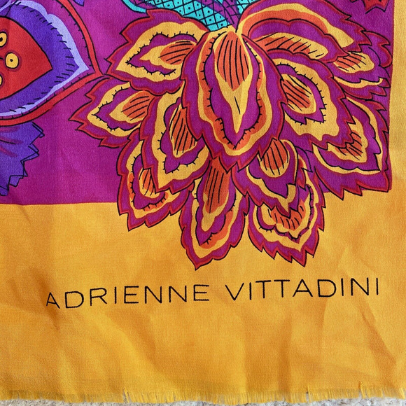 Adrienne Vittadini Silk Scarf Long Rectangle Fringe Ends Mod Flowers Purple Gold - Picture 2 of 7